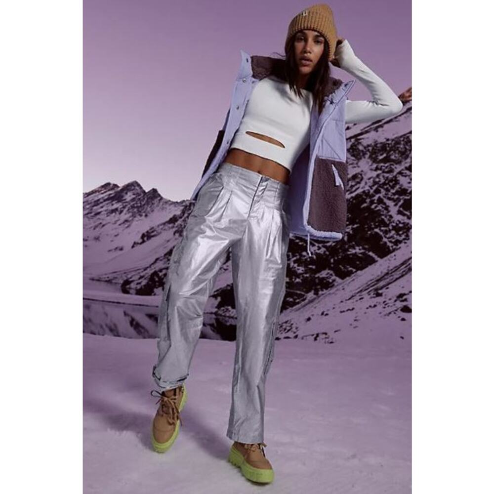 Free People Mesmerize Me Shine Pants Metallic Cargo Low Rise Silver Size Small - Picture 7 of 10